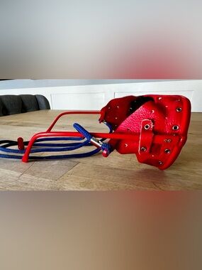 Red Leather Swing Seat with Blue Rope Details